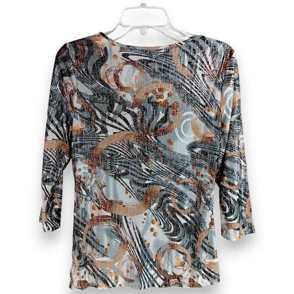 EMILY DANIELS-Women's Top-Brushed Abstract-3/4 Sleeve-SMALL-Black-Gray-Tan-White - Picture 3 of 15
